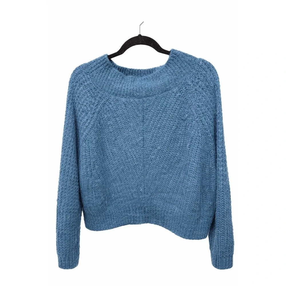 Leith Women's Medium Blue Alpaca Blend Cropped Sweater Coastal Chunky Knit
